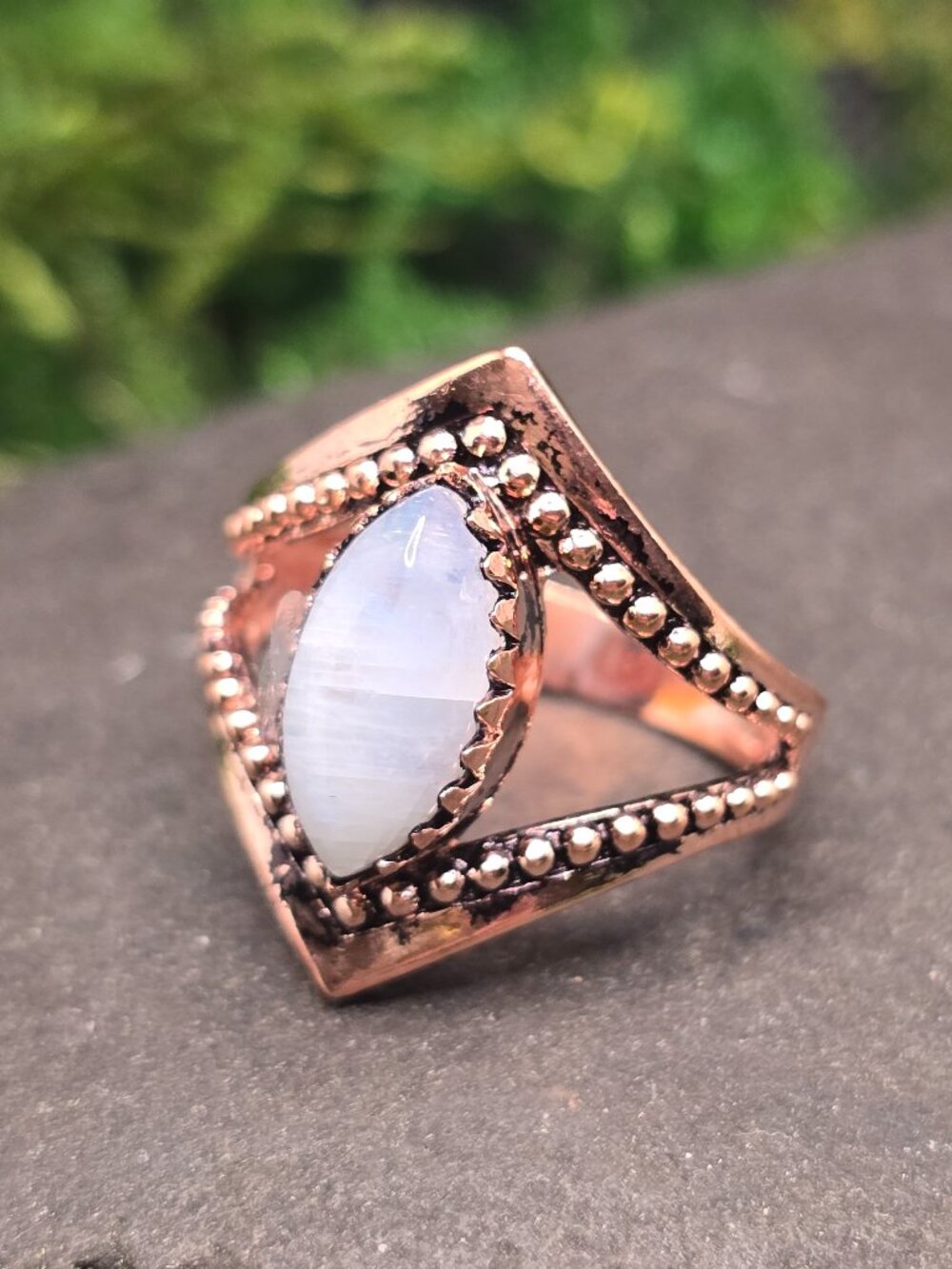 Moonstone Copper Marquise Ring Size 7 Blue Flash Gemstone Jewelry